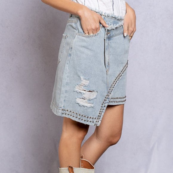 Retro Distressed POL Denim Skirt with Metal Studs - Picture 6 of 16